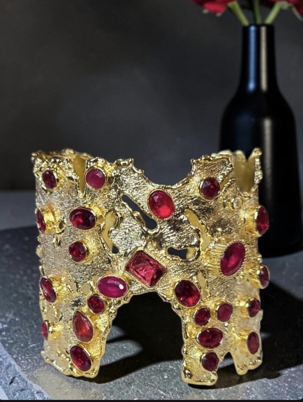 Huge 18k Gold Plated Custom Turkish Artisan Ruby Crystal Textured Cuff Bracelet